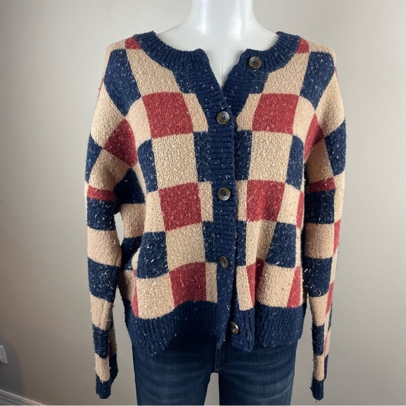 Madewell Sweaters - Madewell Red and Blue Checkered Cardigan size large funky 80s eclectic grandpa